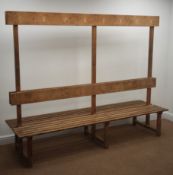 Solid pine back to back changing room bench, raised back for clothes hooks, W221cm, H176cm,