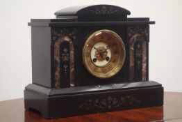 Victorian black slate and marble mantle clock with gilt engraved decoration,