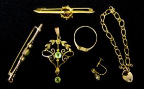 Edwardian 9ct gold peridot pendant, similar brooch, gold childs bracelet, stmapd 9ct,