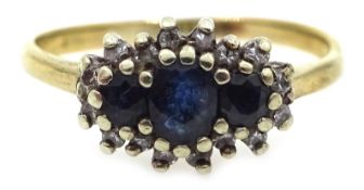 Gold three stone sapphire and diamond cluster ring Condition Report size M-N 1.
