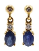 Pair of gold sapphire and diamond pendant ear-rings,