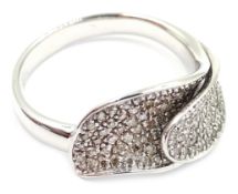 White gold diamond cross over leaf design ring,