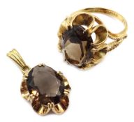 9ct gold smoky quartz ring and matching pendant,