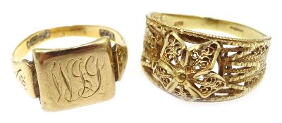 Gold signet ring and a filigree ring, both hallmarked 9ct Condition Report Approx 5.