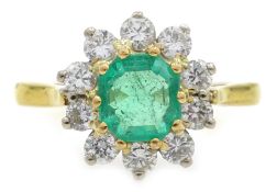 Gold emerald and diamond cluster ring, hallmarked 18ct Condition Report Approx 3.