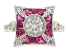 Platinum (tested) ruby and diamond square shaped ring, central round diamond approx 0.