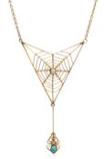 Murrle Bennett & Co Art Nouveau gold seed pearl and turquoise spider's web pendant necklace, c.