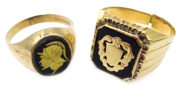 18ct gold (tested) onyx ring and similar 9ct gold ring,