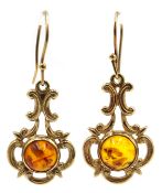 Pair of 9ct gold amber pendant ear-rings, hallmarked Condition Report Approx 4.