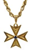 9ct gold sapphire set Maltese cross pendant on rope twist necklace hallmarked 6.