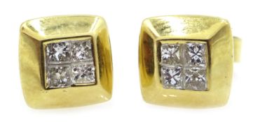 Pair of square 18ct gold diamond stud earrings, each stud set with four princess cut diamonds,