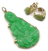 Gold mounted carved jade Buddha pendant and pair of 9ct gold green stone set earrings,