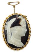 Victorian two tone hardstone cameo brooch depicting a Classical female bust set in gold mount,