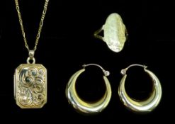 9ct gold locket pendant neckalce and signet ring, hallmarked and pair of 9ct gold hoop ear-rings,