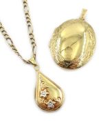 9ct gold locket and a 9ct gold chain necklace with pear shaped locket,
