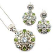 Silver stone set pendant necklace with matching ear-rings,