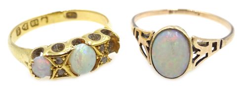 Gold single stone opal ring, stamped 9c and 18ct gold opal and diamond ring,