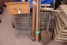 Six vintage wood fruit and veg crates, wooden and wrought metal hay spade,