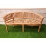 Solid teak garden bench, curved back, serpentine seat,