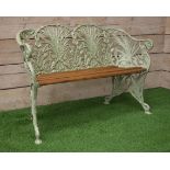 Coalbrookdale style cast metal wheat sheaf bench, hardwood slatted seat, green painted finish,