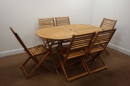 Hardwood folding oval garden table with matching set six chairs Condition Report