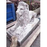 Large pair early painted composite stone recumbent lions,W44cm, H79cm,