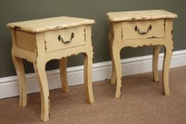 Pair small french style distressed painted wood stands with drawer, W35cm,