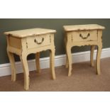 Pair small french style distressed painted wood stands with drawer, W35cm,