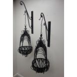 Pair black finish metal wirework hanging baskets with brackets, W36cm,