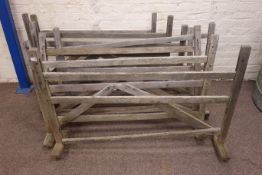 Set eight vintage wooden three bar hurdle gates, with adjustable top rail,