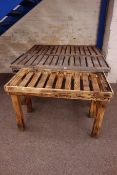 Three wood slatted potting tables, (W158cm x2,