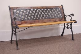 20th century cast iron and wood slatted garden bench with lattice back,