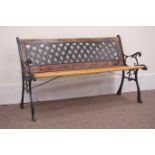 20th century cast iron and wood slatted garden bench with lattice back,