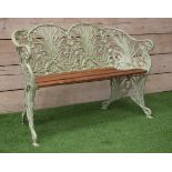 Coalbrookdale style cast metal wheat sheaf bench, hardwood slatted seat, green painted finish,