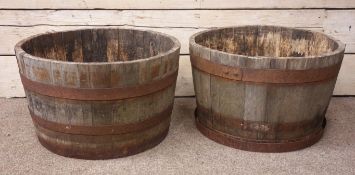 Pair metal bound wooden oak barrel platers,
