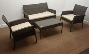 Pair grey finish rattan chairs (W63cm) and a matching two seat settee (W115cm) with coffee table