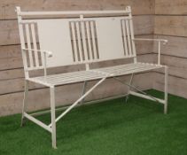 20th century strapped iron work, cream painted garden bench with twin panel back,