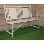 20th century strapped iron work, cream painted garden bench with twin panel back,