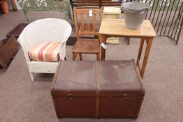 Vintage child's school bench and chair, wicker armchair,