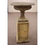 Classical style composite stone centrepiece urn, comprising an urn, base and square column, D60cm,