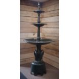 Large three tier cast iron fountain, egg and dart edge, swan and reeded columns, green finish,