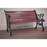 20th century black painted cast iron wood slatted garden bench,