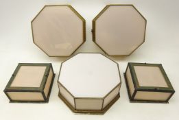 Set of three Art Deco octagonal ceiling lights with brass frame and scalloped border,