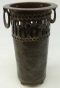 Arts & Crafts hammered copper two handled bottle holder or vase,
