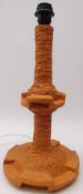 Vintage terracotta studio pottery lamp base with carved detail and geometric knop and base,