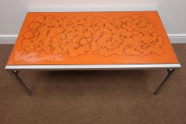 1970s rectangular coffee table, orange abstract glass top signed 'Jean Rene', polished metal base,