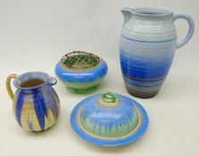 Four pieces of Shelley Art Deco Harmony drip glaze ceramics comprising a large jug of ribbed form,