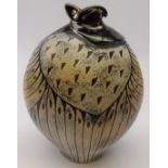 Studio pottery vase, Organic style with Sgraffito type decoration and metallic glazed neck,