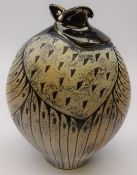 Studio pottery vase, Organic style with Sgraffito type decoration and metallic glazed neck,