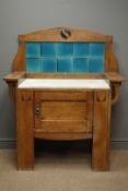 Arts & Crafts oak drop centre washstand, enamel turquoise tiled splash back,